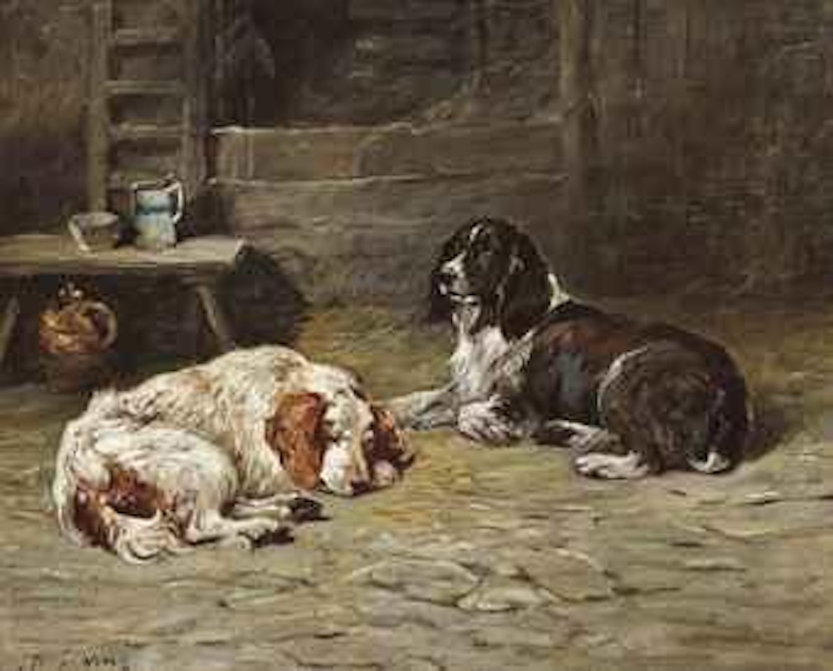 Two spaniels in a barn by John Emms