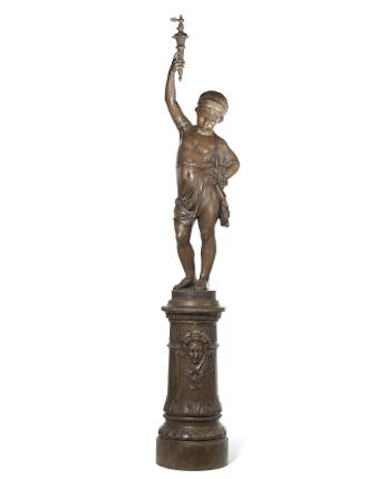 Boy standing with his right arm raised holding a torche aloft by A Durenne by Mathurin Moreau
