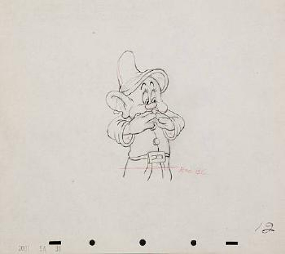 Dopey with his hands to his mouth. Doc by Walt Disney Studios