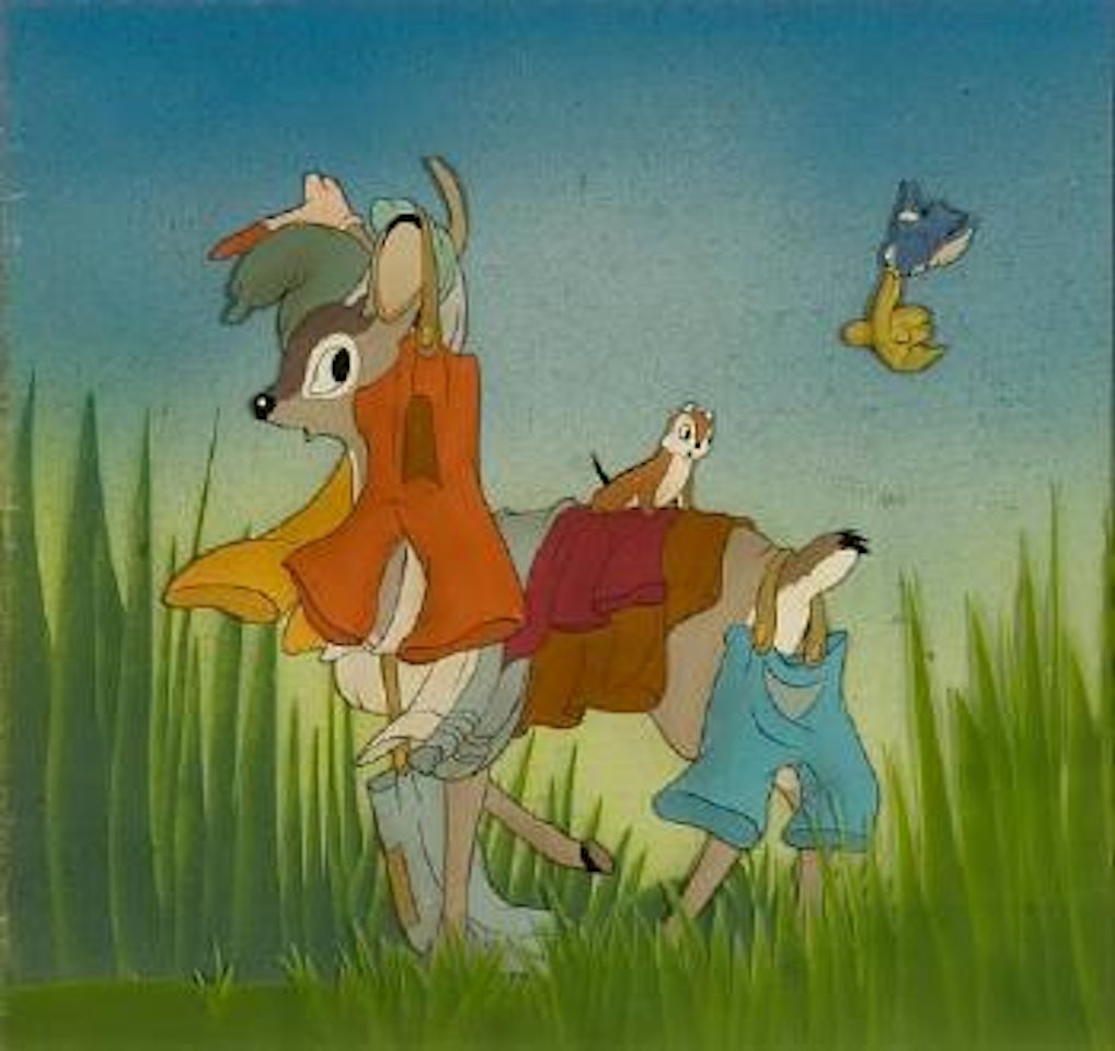 A deer with the dwarfs' clothing draped over him by Walt Disney Studios