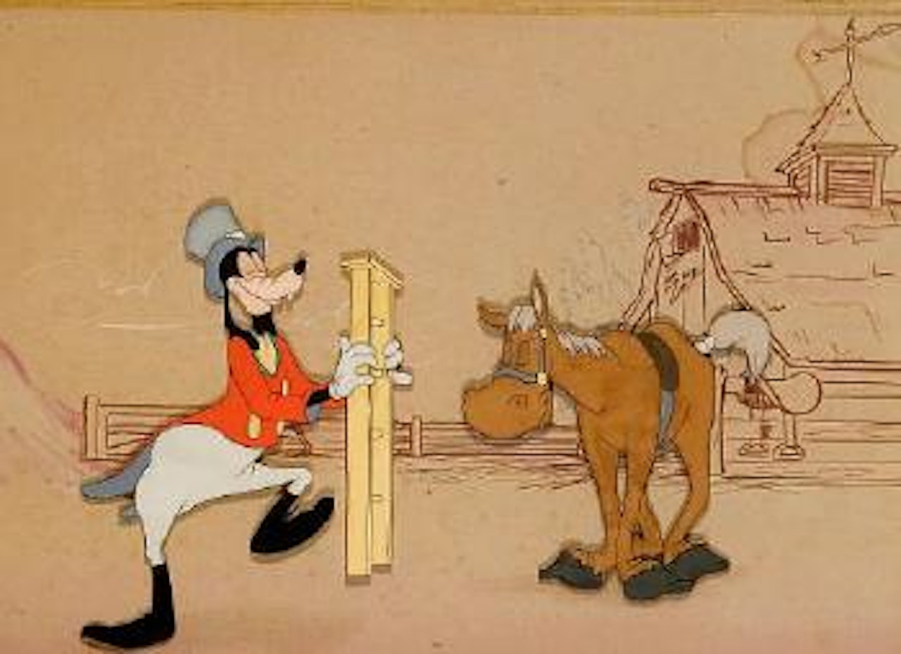 Goofy with step ladder as he is about to mount his horse from the How to Ride a Horse sequence by Walt Disney Studios