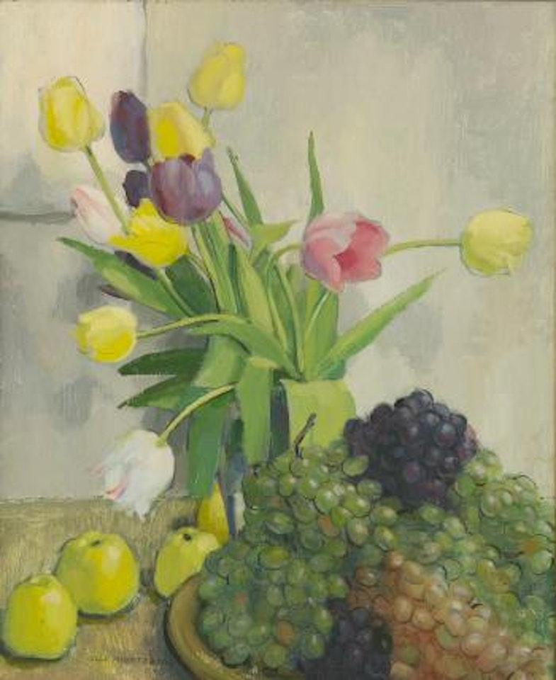 Stilleben med tulpaner, äpplen och vindruvor by Olle Hjortzberg