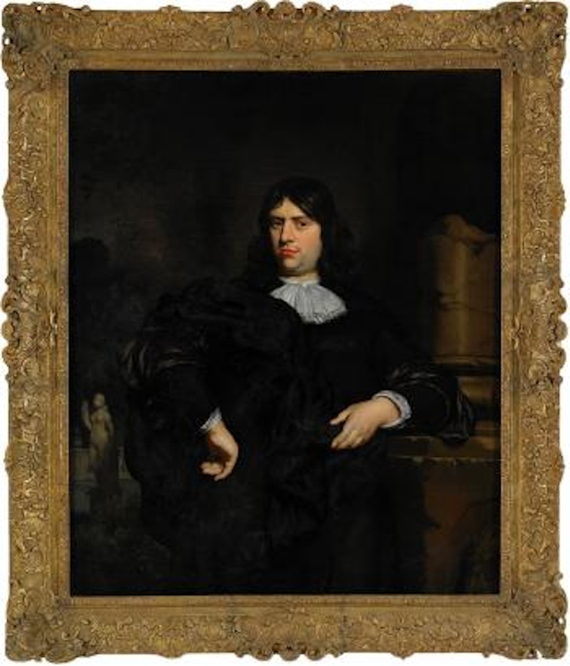 Portrait of a gentleman wearing a black coat with white collar and black robe by Nicolaes Maes