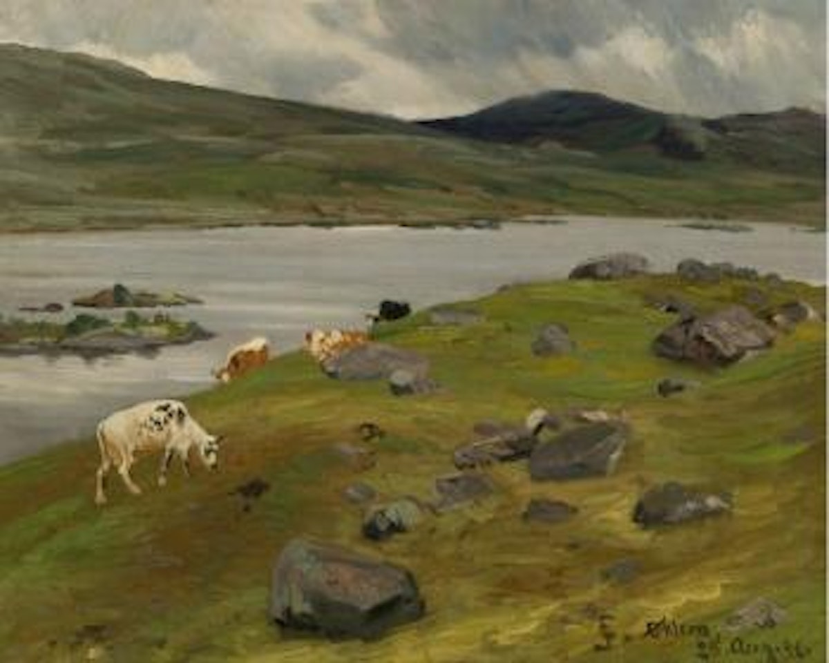 Kyr ved fjellvann by Christian Skredsvig