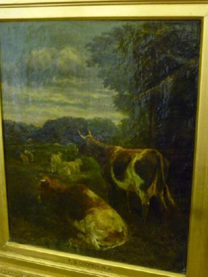 Pastoral scene at dusk with cattle and sheep resting by Thomas Sidney Cooper
