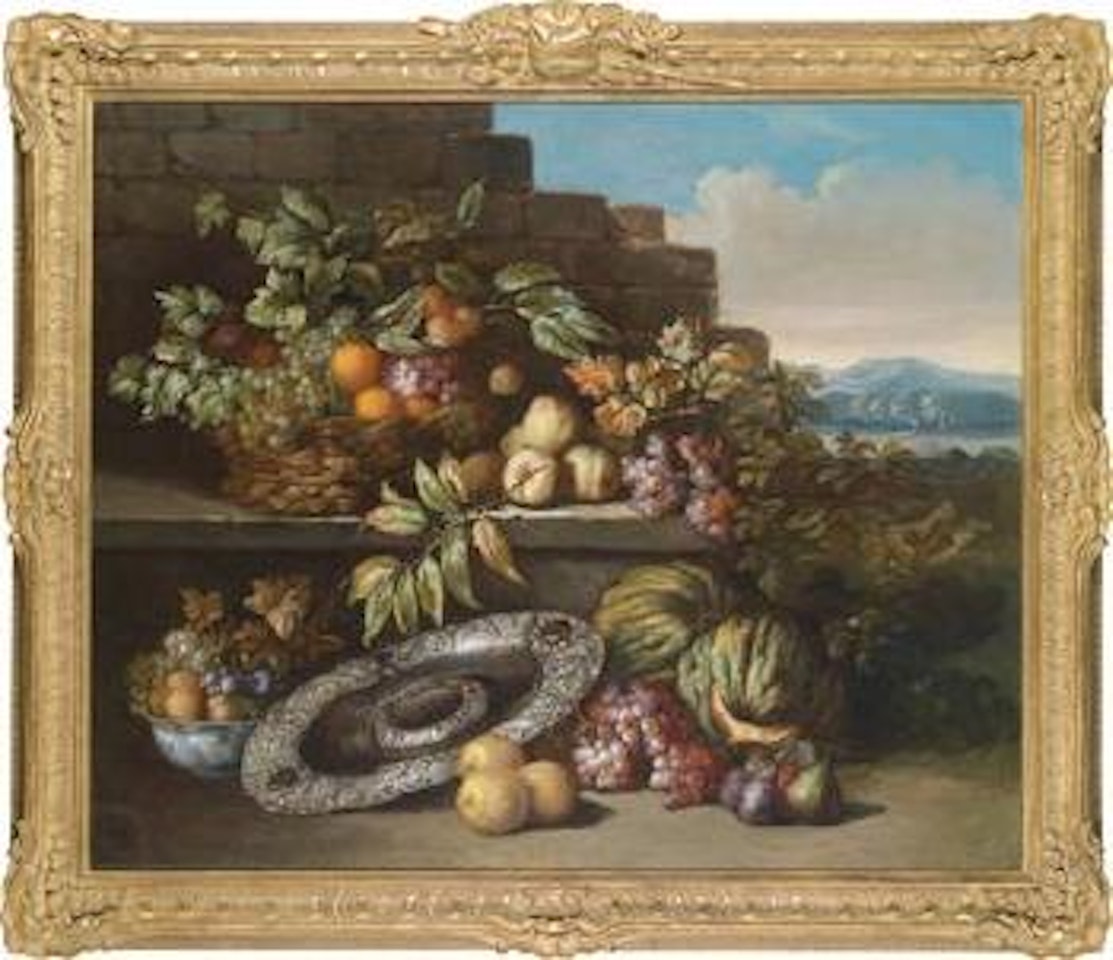 A still life of fruit in a silver dish on a pedestal in a vast landscape by Jan Pauwel Gillemans