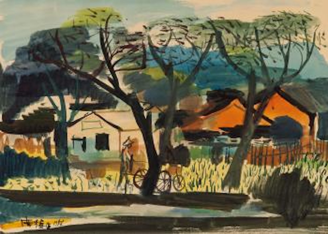 Colorful village scene by Xi Dejin