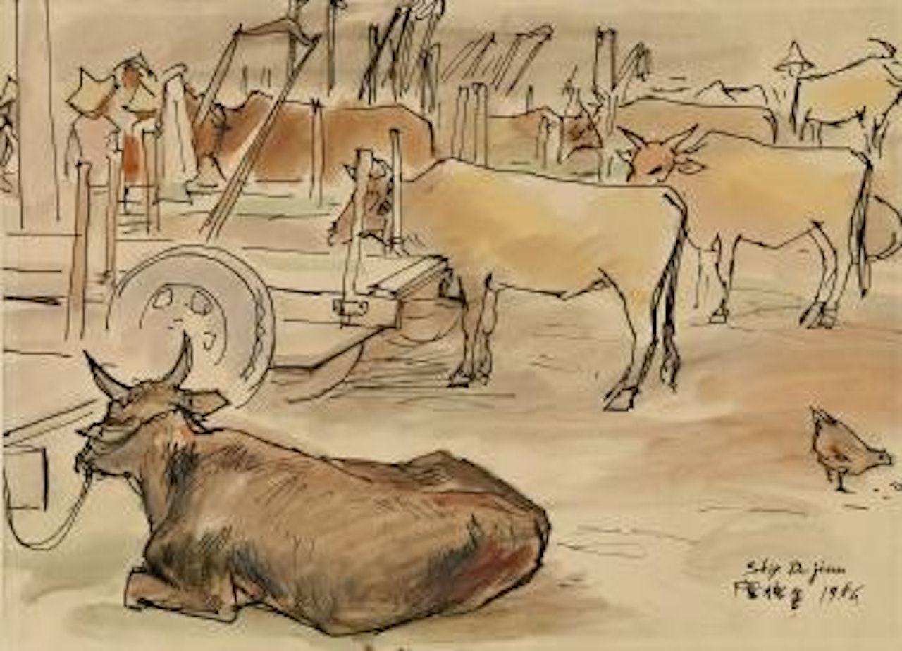 Cattle in a farmyard by Xi Dejin