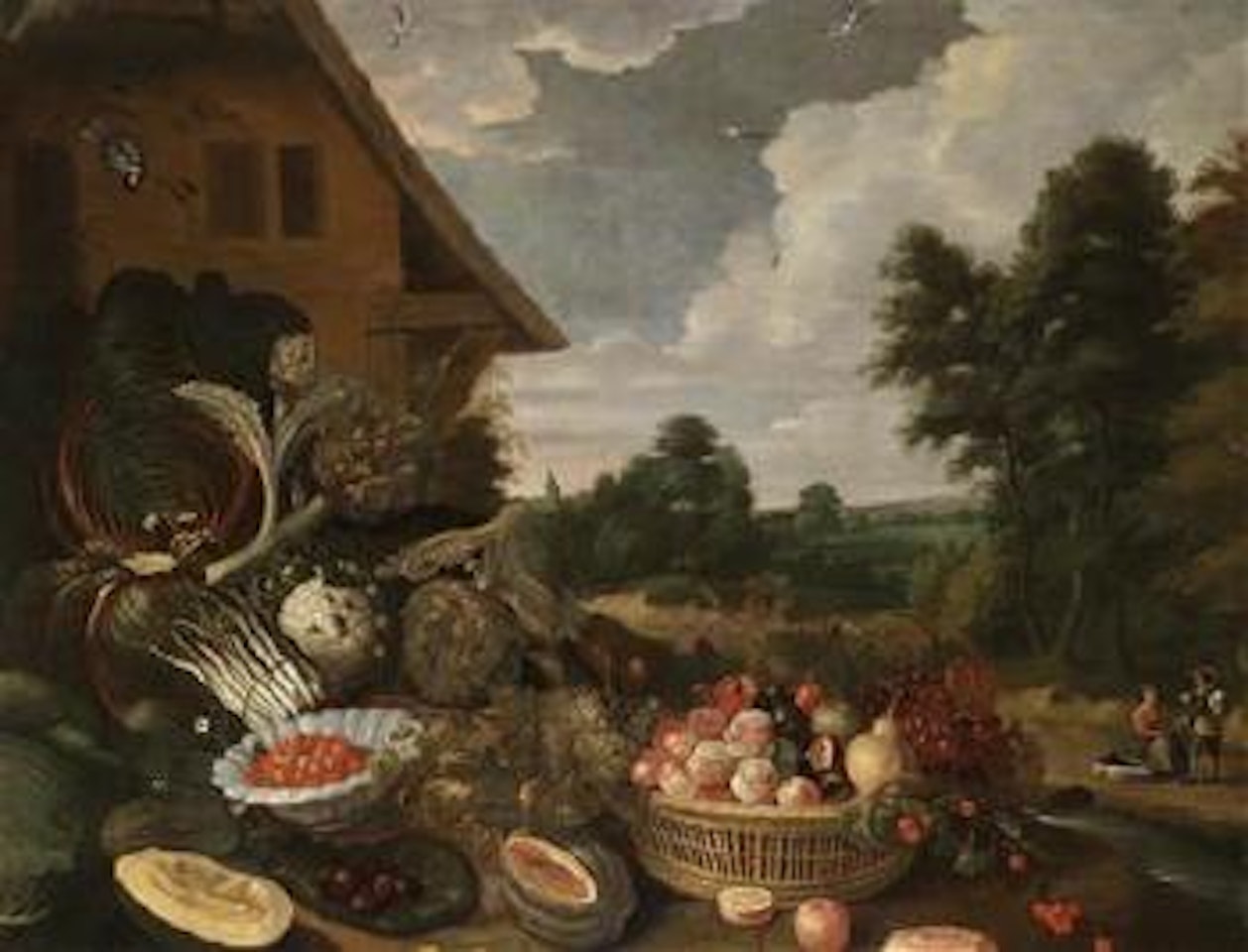 A still life of fruit and vegetables against a landscape backdrop by Adriaen van Utrecht