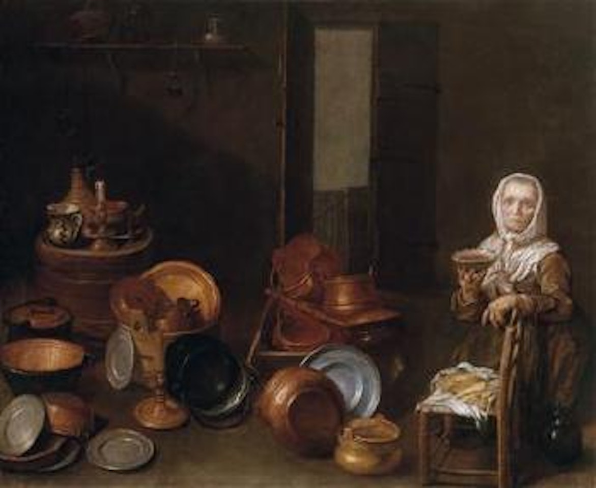 A kitchen interior with an old woman by Dutch School