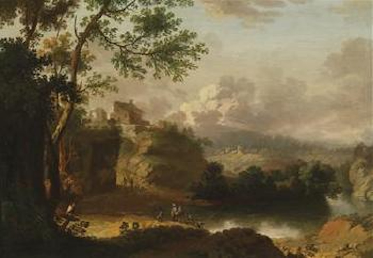 A mountain landscape with a streamlet and figures by Christian Wilhelm Ernst Dietrich
