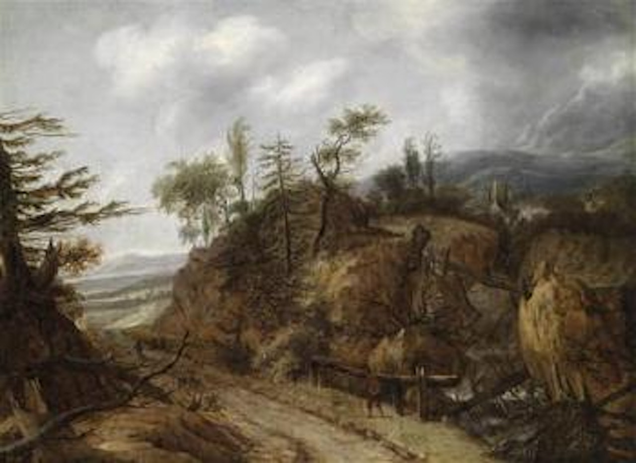 A mountain landscape with a waterfall by Allart van Everdingen