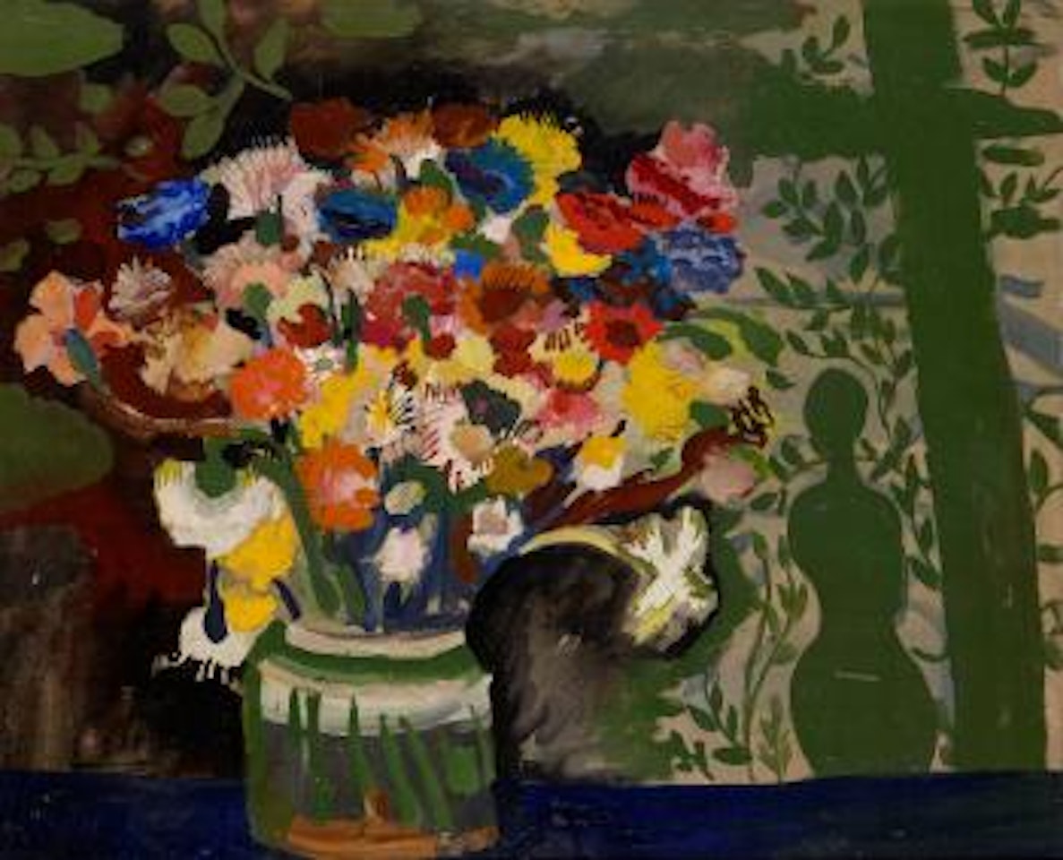 Stilleben med blommor i krus mot grön fond by Sven Erixson