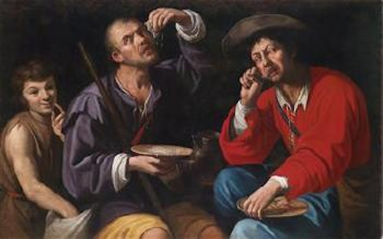 Vagabonds eating pasta while being robbed by a boy by Caravaggio by Flemish School