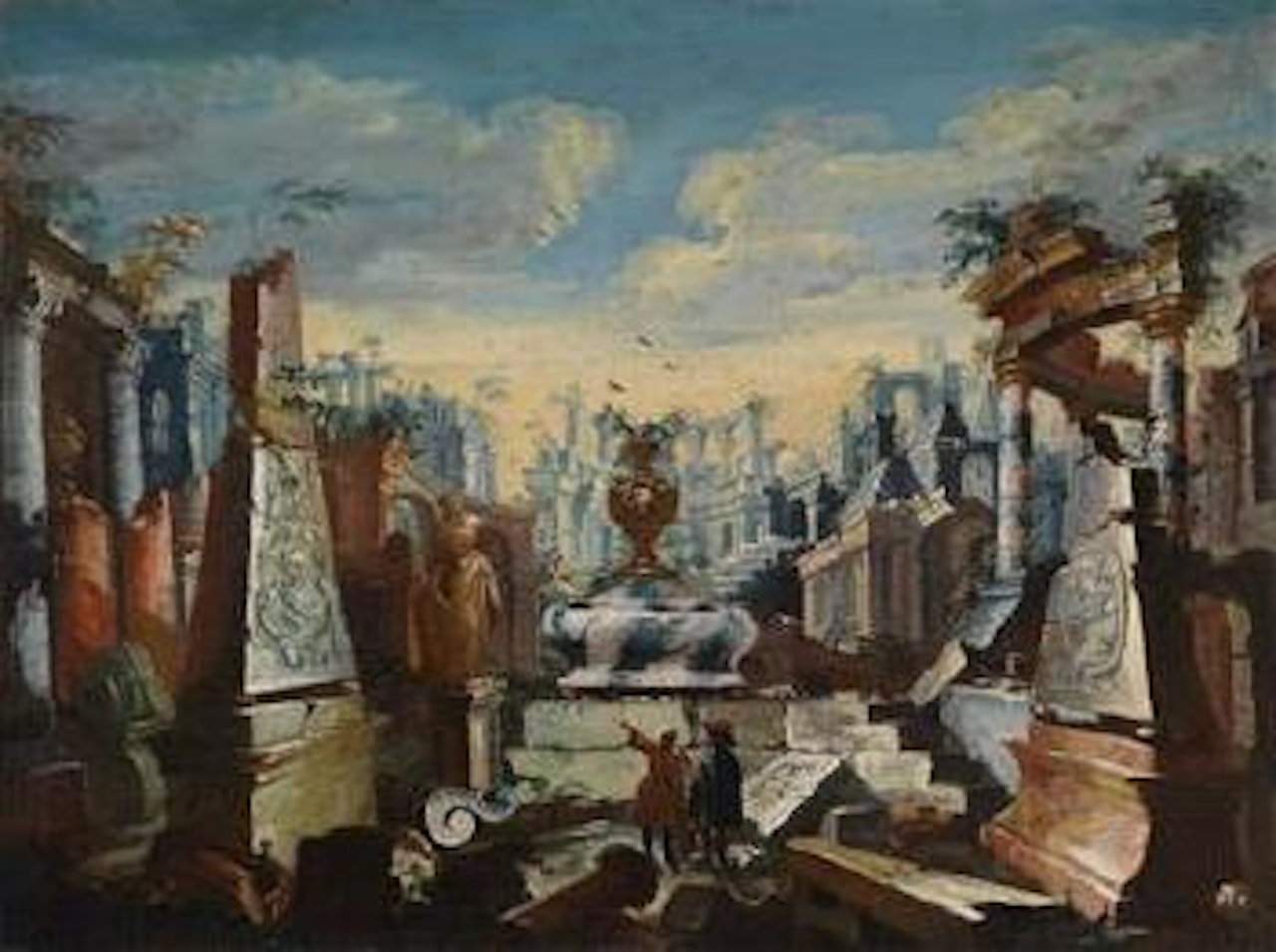 An architectural capriccio: two male figures contemplating antique ruins by Antonio Stom