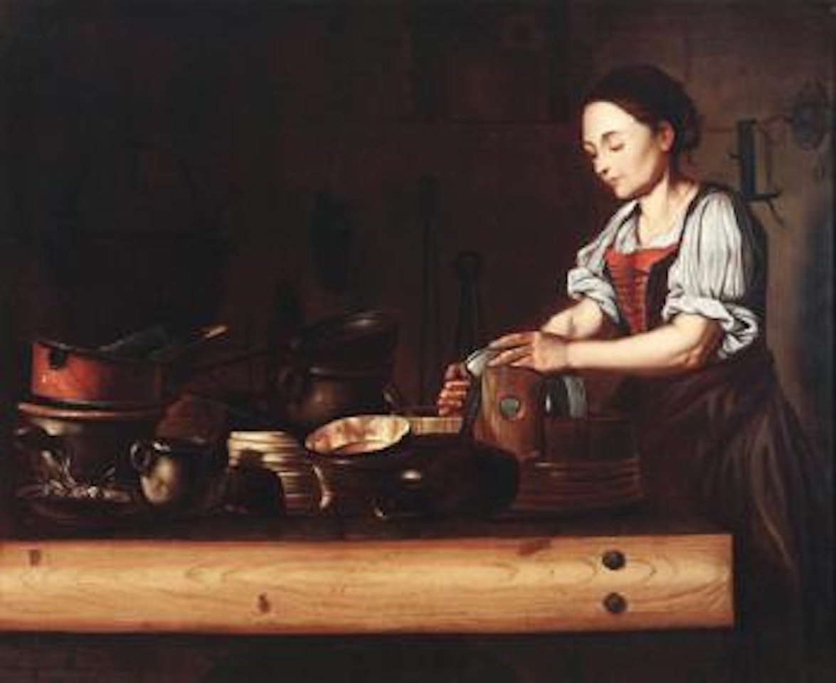 A kitchen interior with a female figure by Spanish School