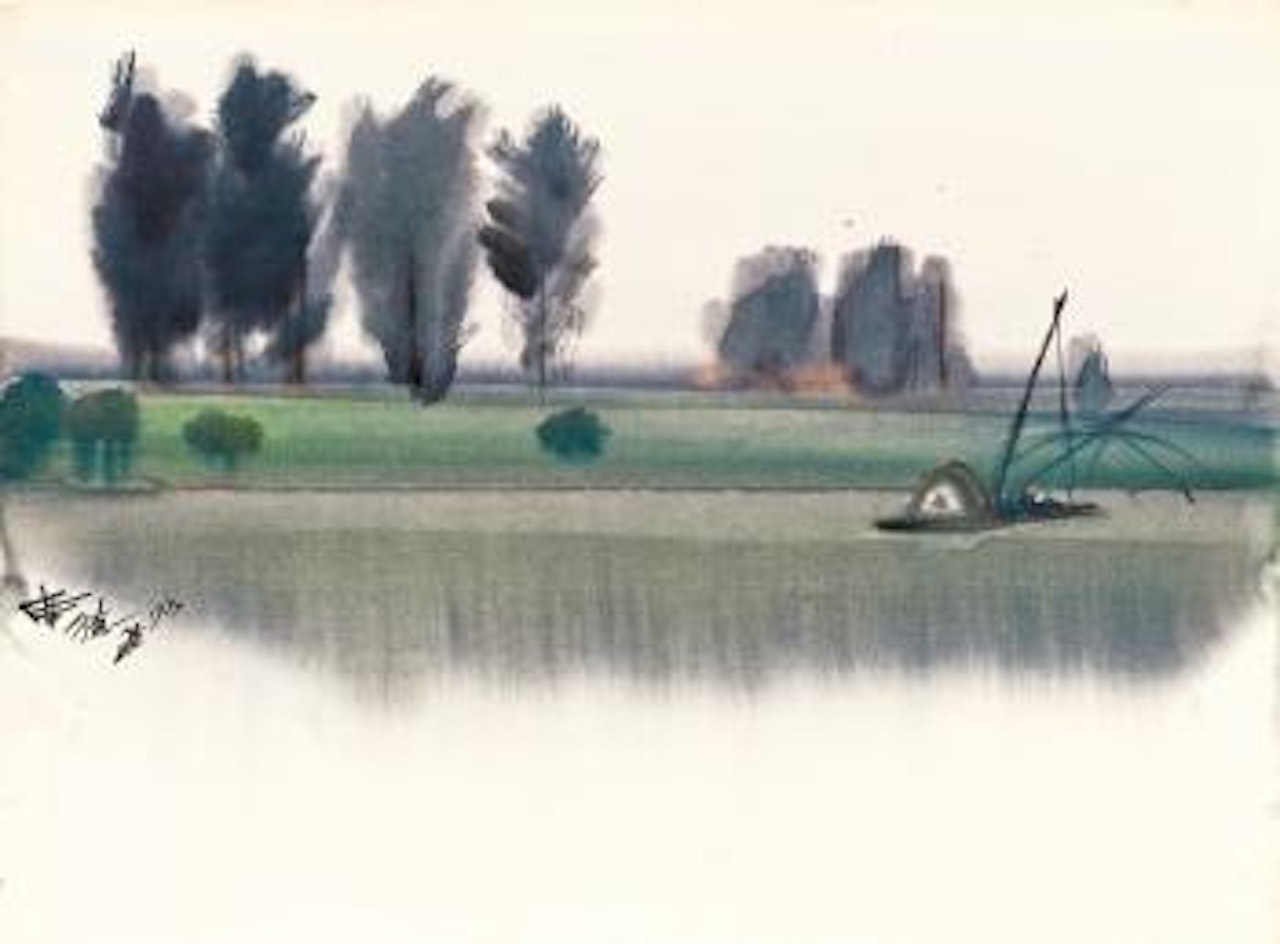 Tamsui River, fishing boat under shadow of trees by Xi Dejin