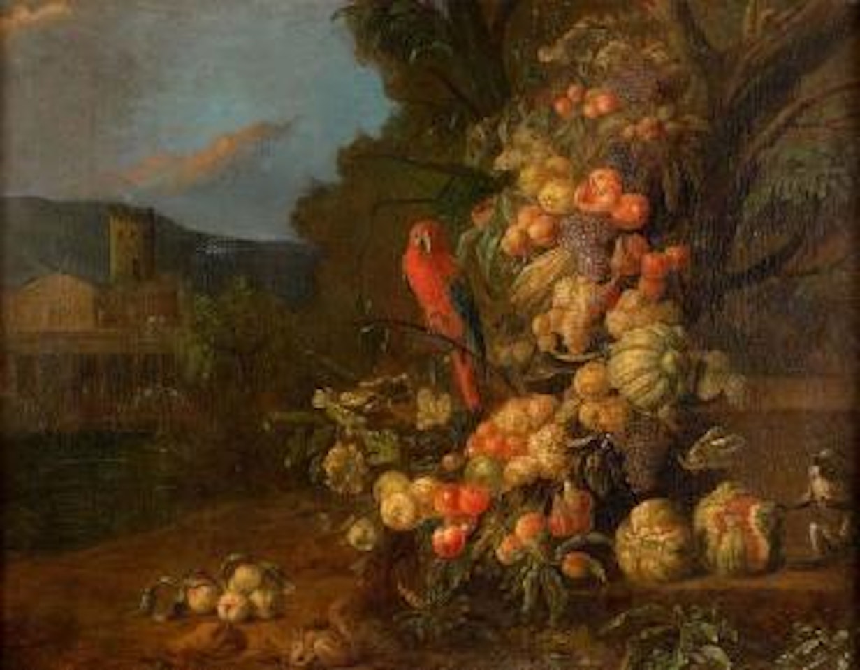 Fruits avec un ara, un singe et un écureuil sur un fond paysager by Jan Pauwel Gillemans