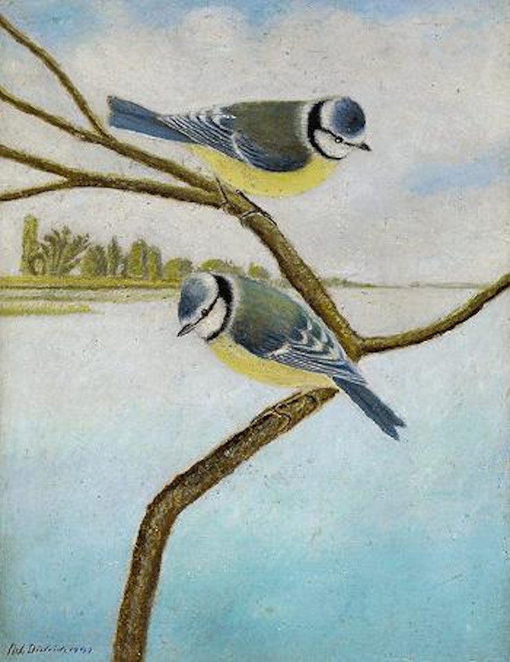 Zwei Blaumeisen vor Uferlandschaft by Adolf Dietrich