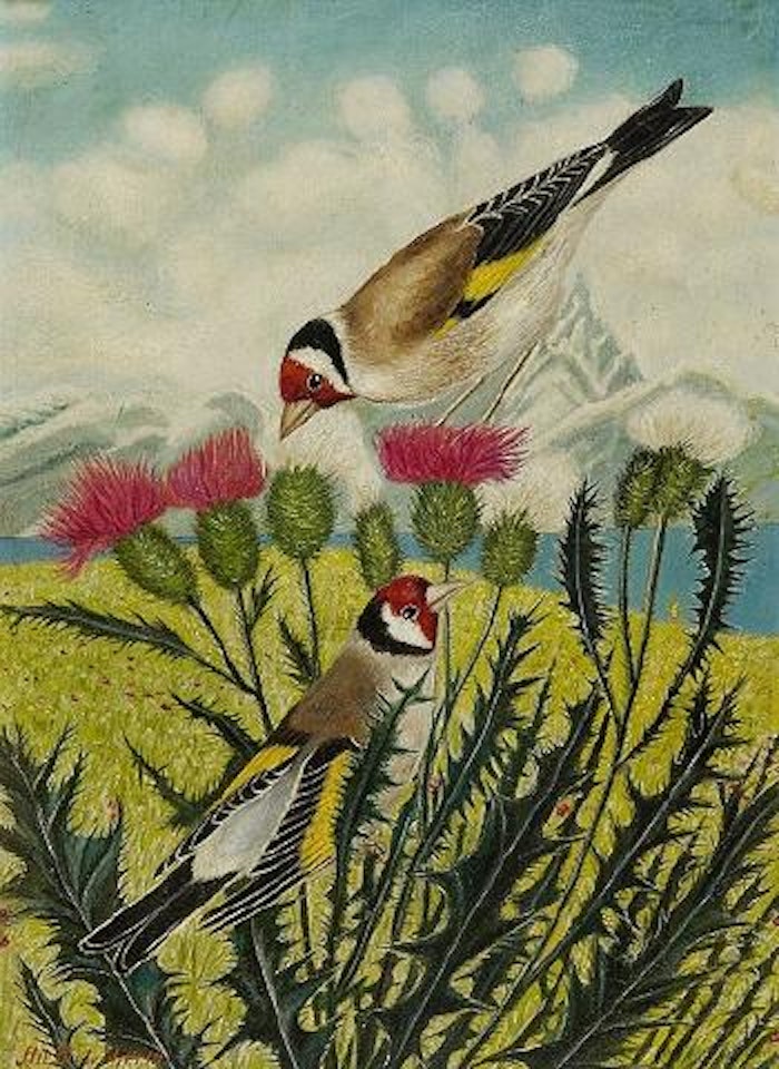 Zwei Distelfinken auf Disteln by Adolf Dietrich