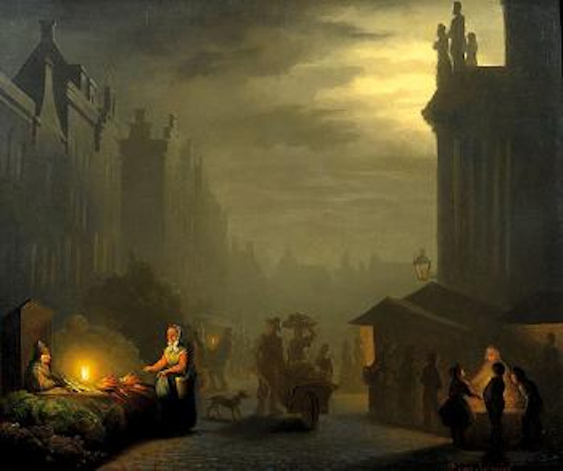 Holländischer Gemüsemarkt bei Mondschein by Petrus van Schendel