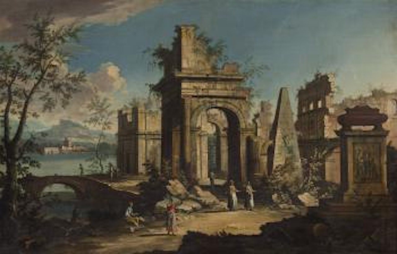 Rovine di edifici classici presso un fiume con un obelisco piramidale e con un cenotafio antico ornato da un rilievo e i resti di un anfiteatro con astanti vari by Apollonio Domenichini