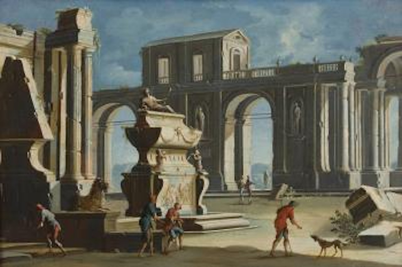 Architettura, fontana con sculture classiche e astanti vari by Gennaro Greco