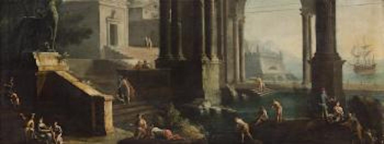 Marina con edifici e sculture classiche, un veliero e astanti vari by Gennaro Greco