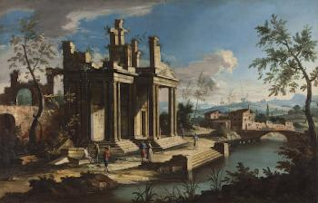 Rovine di un edificio classico di ordine corinzio presso un fiume, con un borgo rurale e un ponte a destra sullo sfondo e astanti vari by Apollonio Domenichini