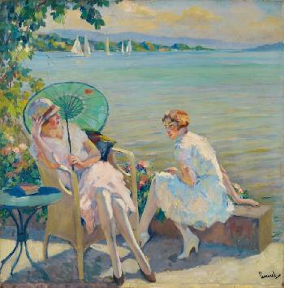 Zwei sitzende Mädchen am Starnberger See by Edward Cucuel