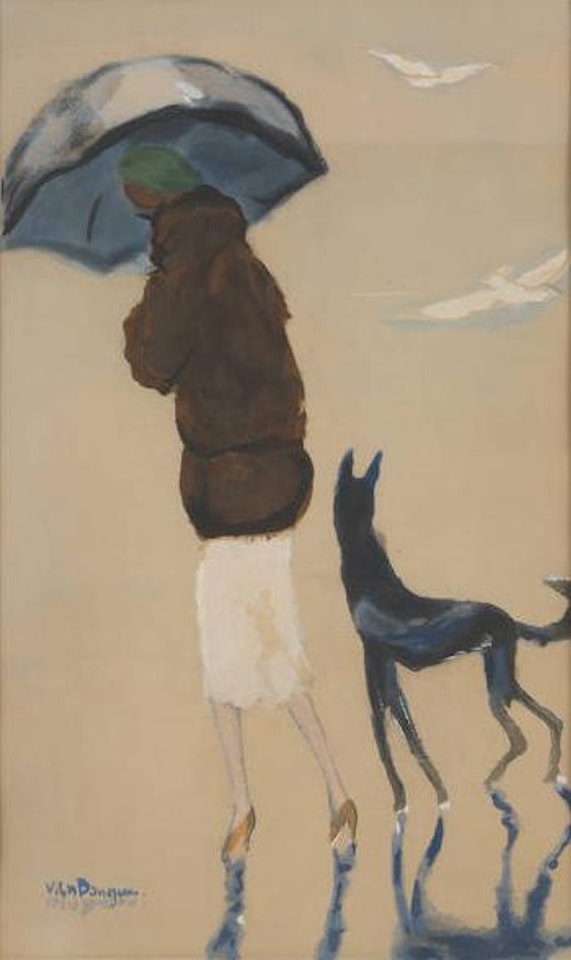Jeune femme et son chien se promenant sur la plage by Kees van Dongen