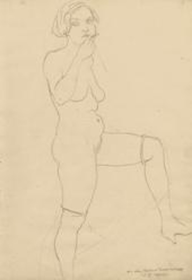 Stehender Akt mit aufgestelltem rechtem Bein (kleine Fassung) by Rudolf Schlichter