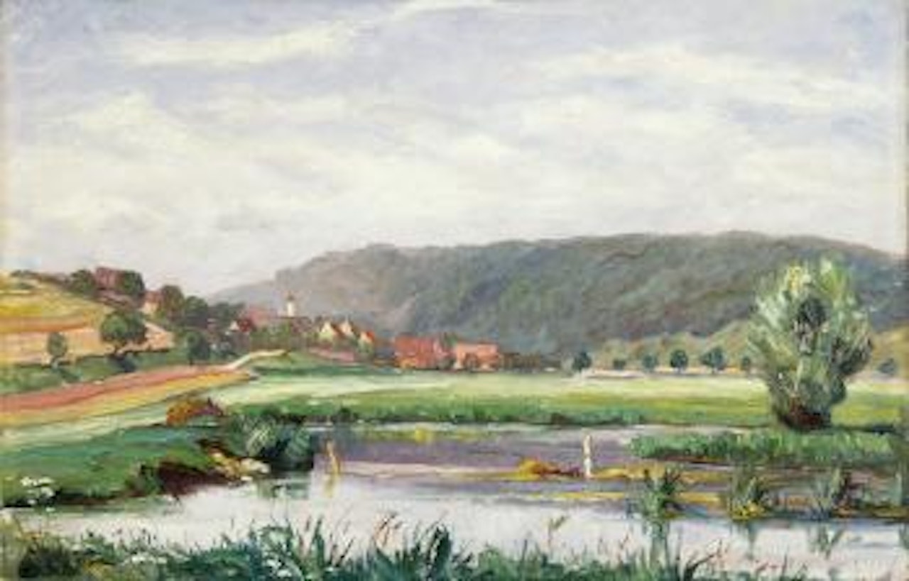 Seelandschaft mit Dorfansicht by Ernst Geiger