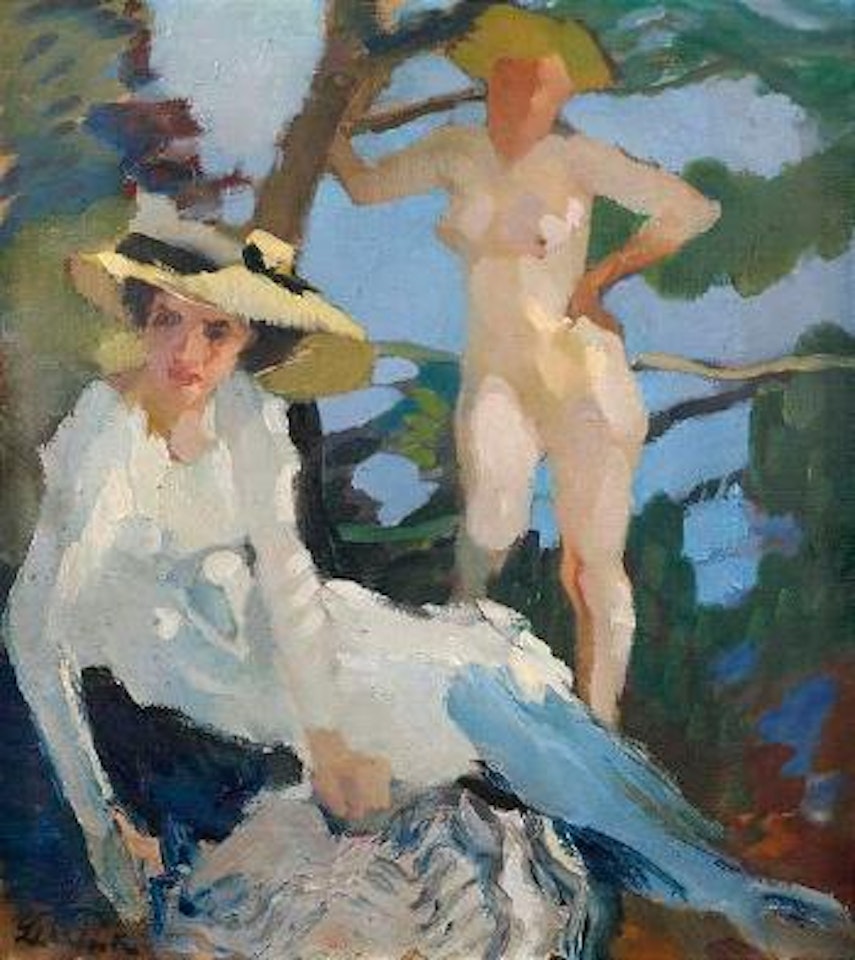 Dame mit weiblichem Akt in einer Waldlichtung by Leo Putz