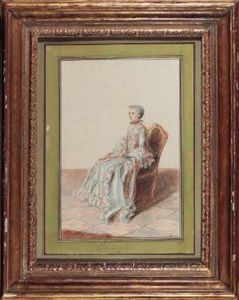 Portrait de mademoiselle de la Perrière, assise de trois-quart, tenant un éventail by Louis Carrogis Carmontelle