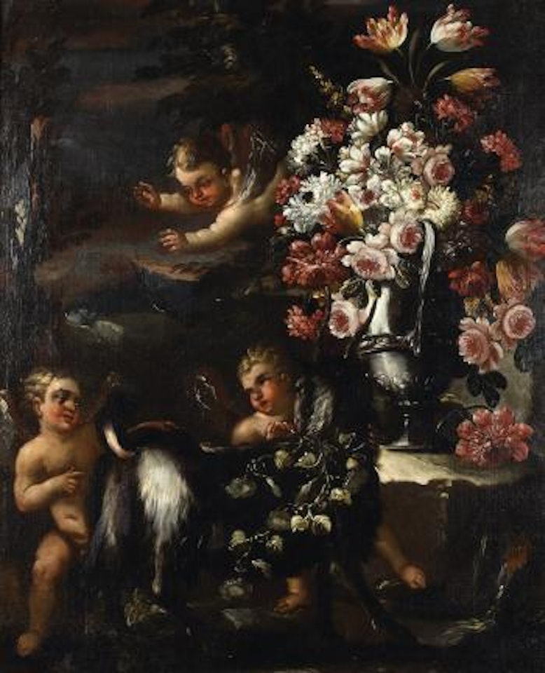 Bouquet de fleurs sur un entablement et putti by Italian School
