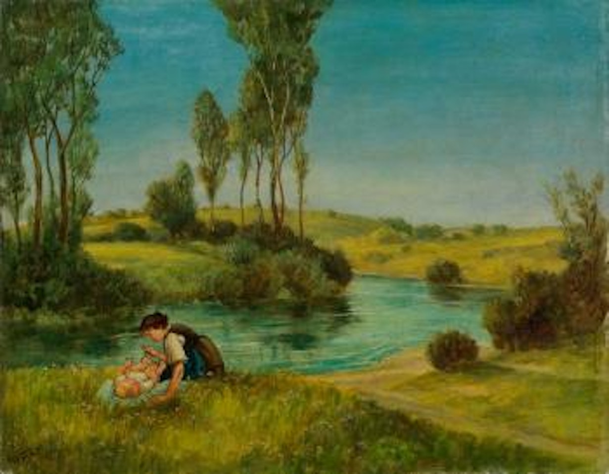 Flusslandschaft im Schwarzwald mit Mutter und Kind by Hans Thoma