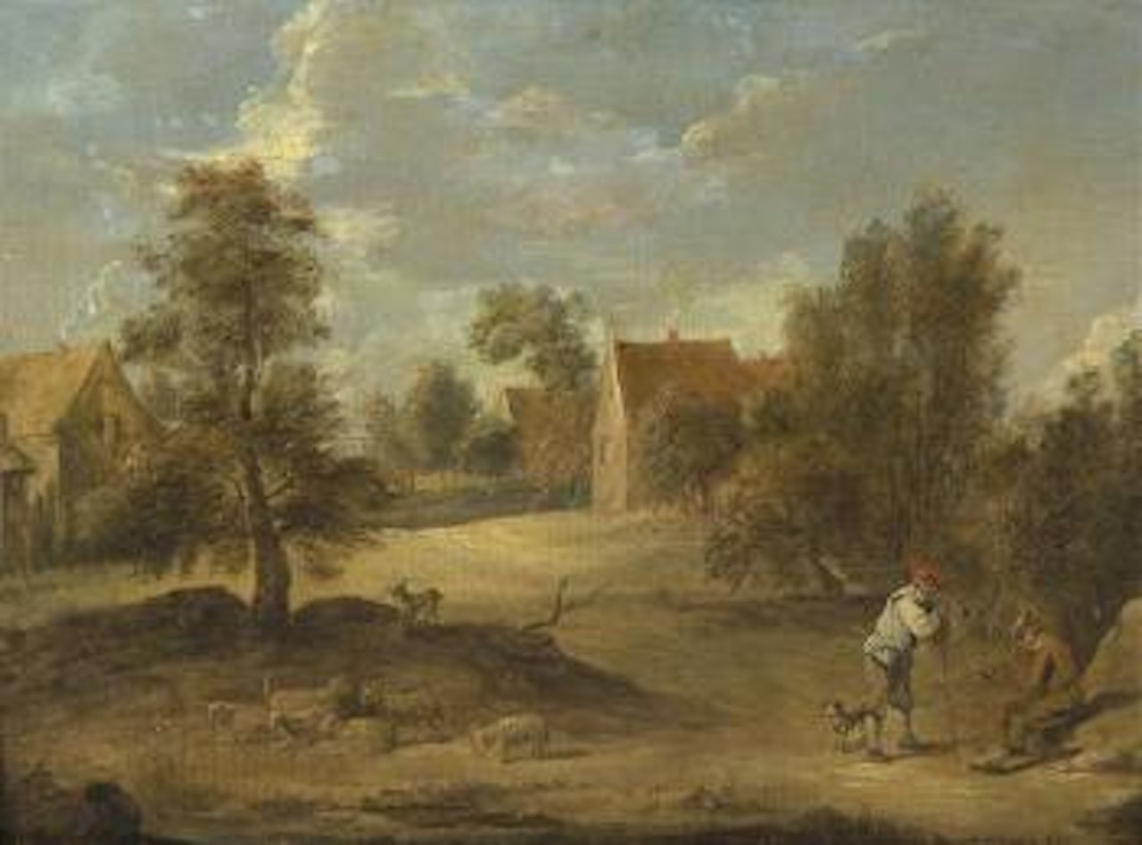 A village and two shepherds with their flock by David Teniers II