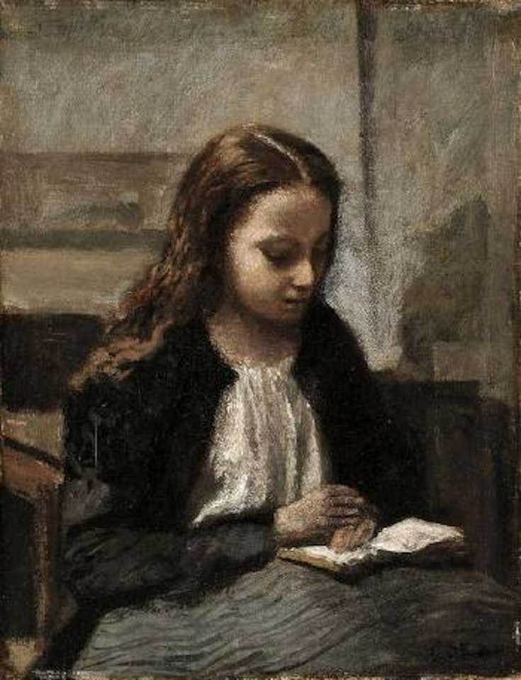 Jeune fille assise lisant, les cheveux sur les epaules by Jean Baptiste Camille Corot