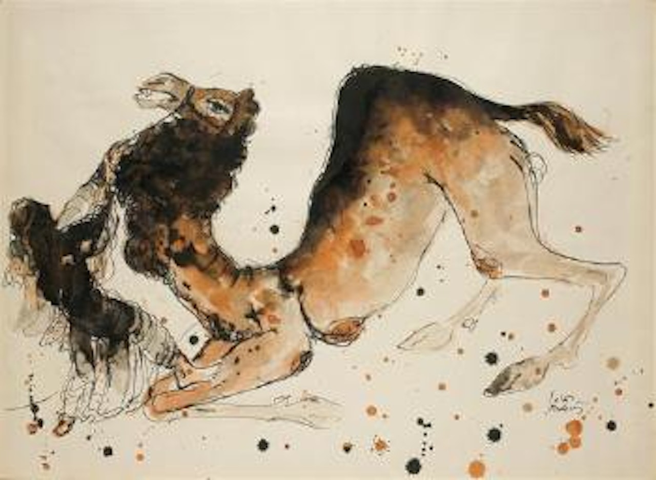 Man restraining camel by Reuven Rubin