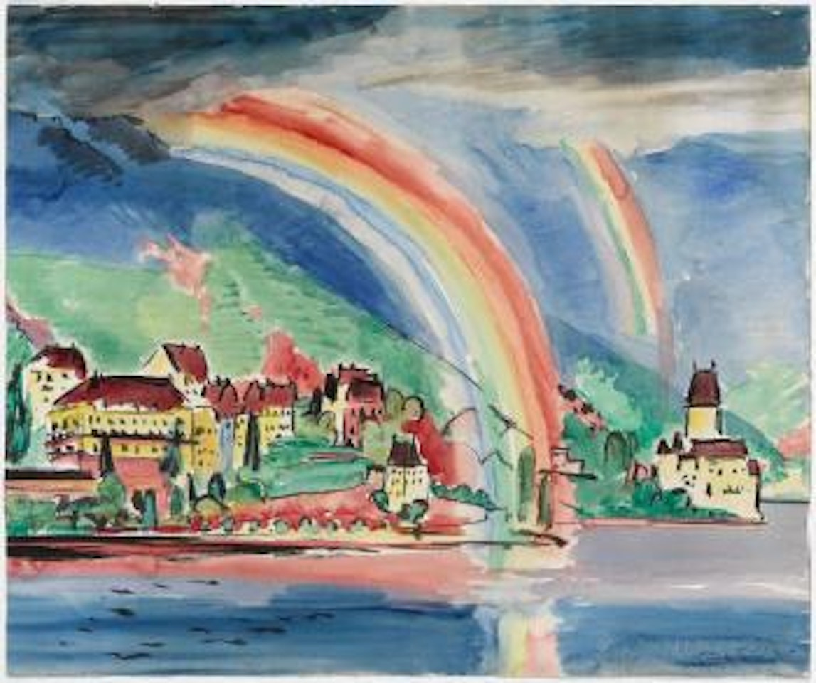 Häuser und Schloss (Chillon) am See mit Regenbogen by Max Pechstein