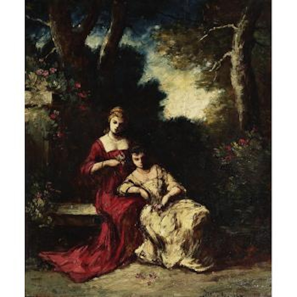 Elegant ladies in a garden by Adolphe Monticelli