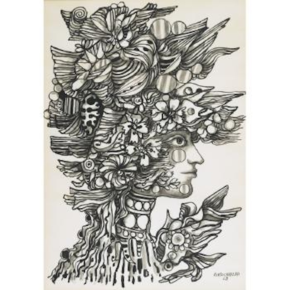 Woman with elaborte headdress by René Portocarrero