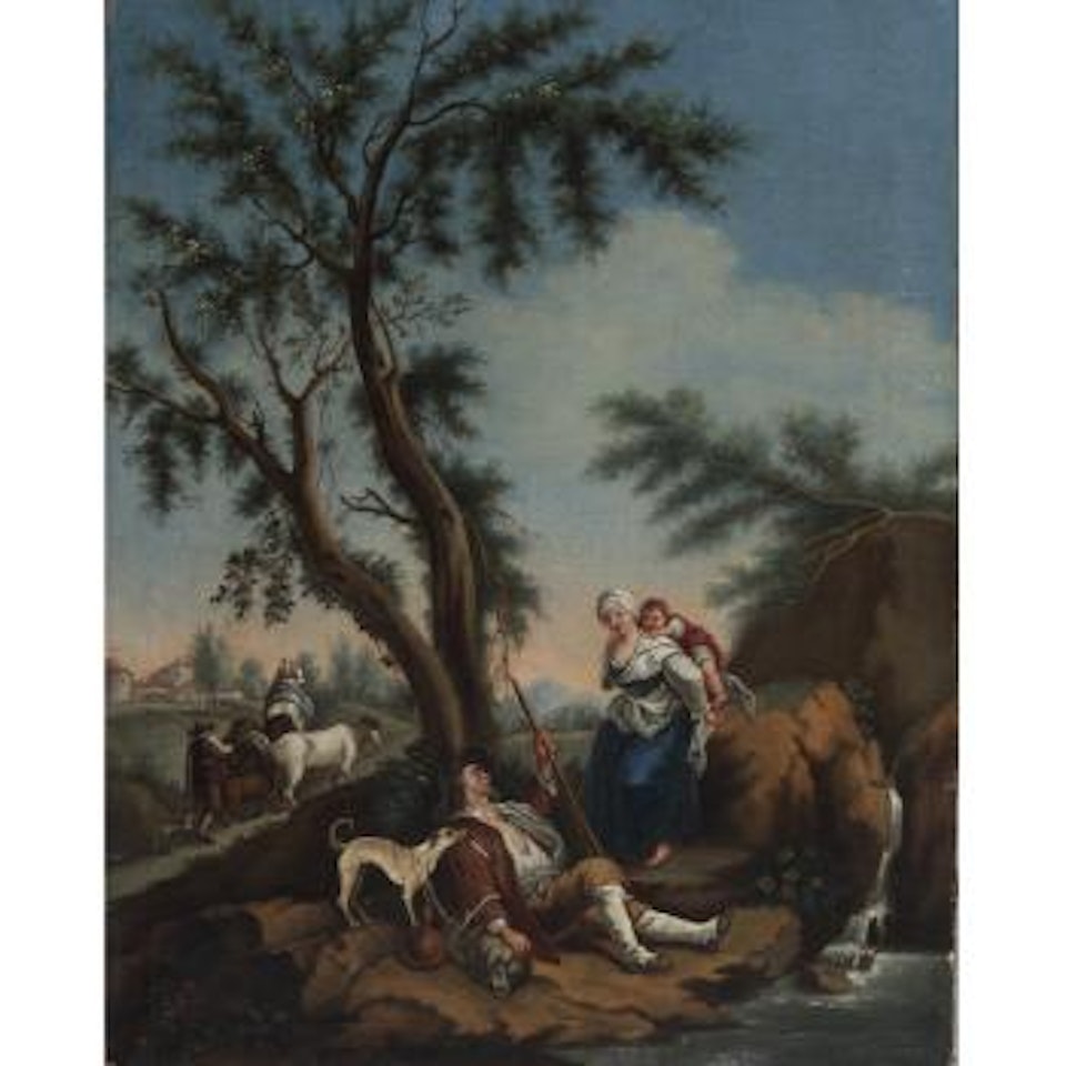 Pastoral with mother and child, a traveler resting and peasants going to market in the town beyond by Francesco Zuccarelli