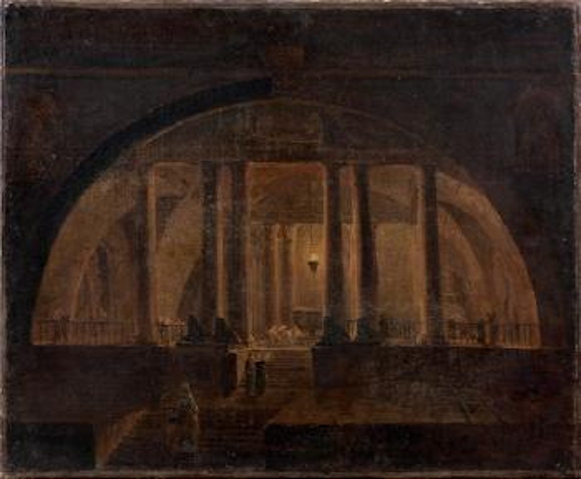 Intérieur dun mausolée égyptien animé de personnages by Hubert Robert