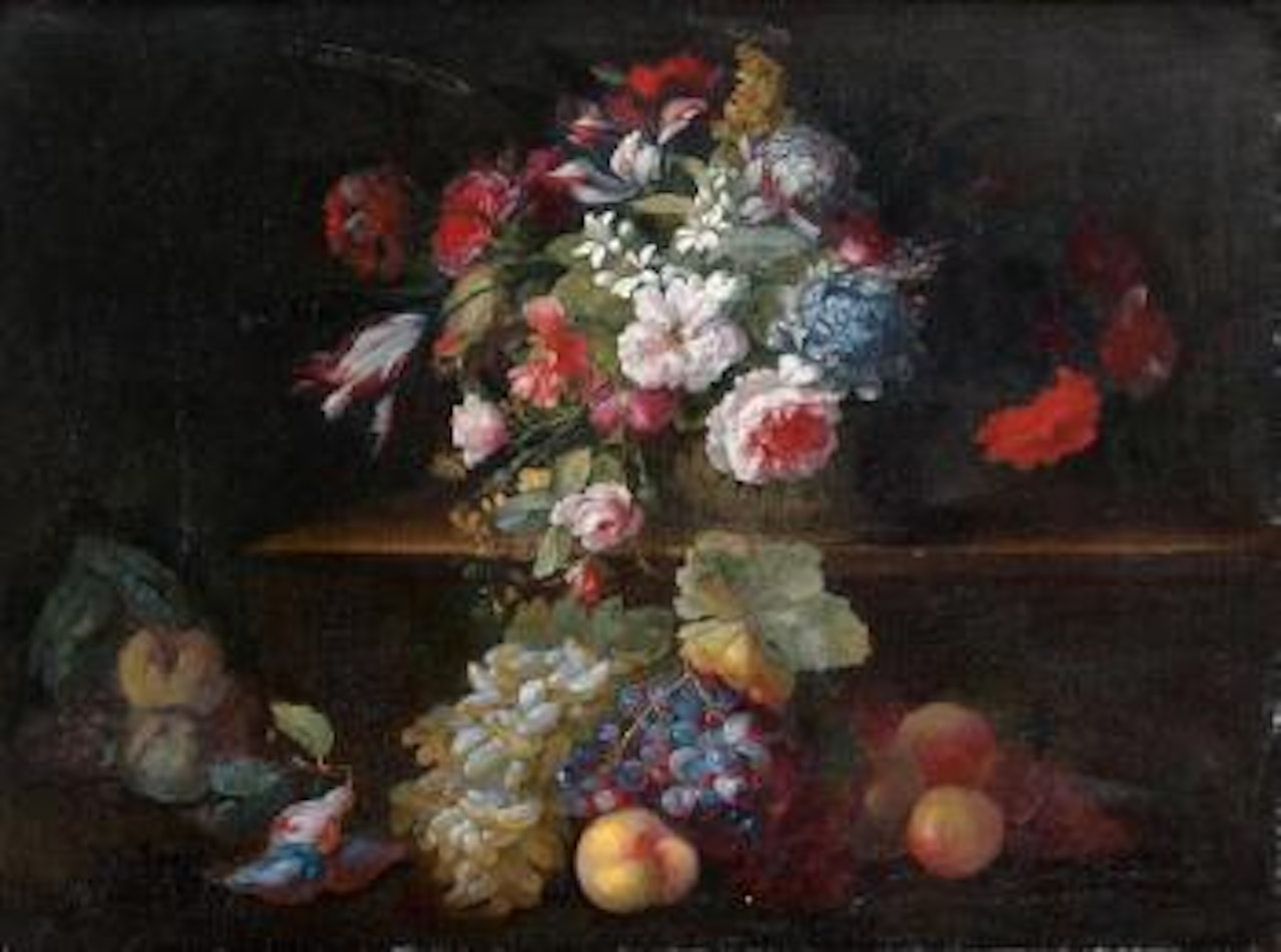 Nature morte au panier de fleurs et fruits disposés sur un entablement by Franz Werner von Tamm