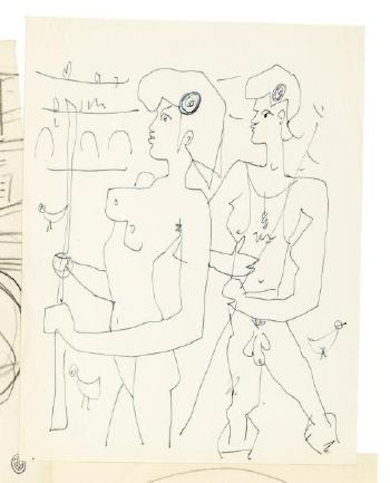Couple nu: homme et femme, en bonnet phrygien, entourés d’oiseaux, peut-être les pigeons du Palais Royal, don’t on devine les arcades au loin by Jean Cocteau