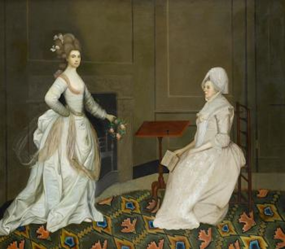 An interior conversation piece with two women, one reading the other holding a garland of flowers by English School