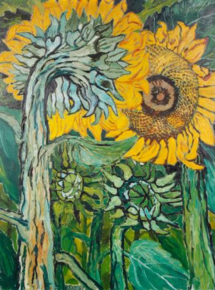 Two sunflowers and opening bulb by John Bratby
