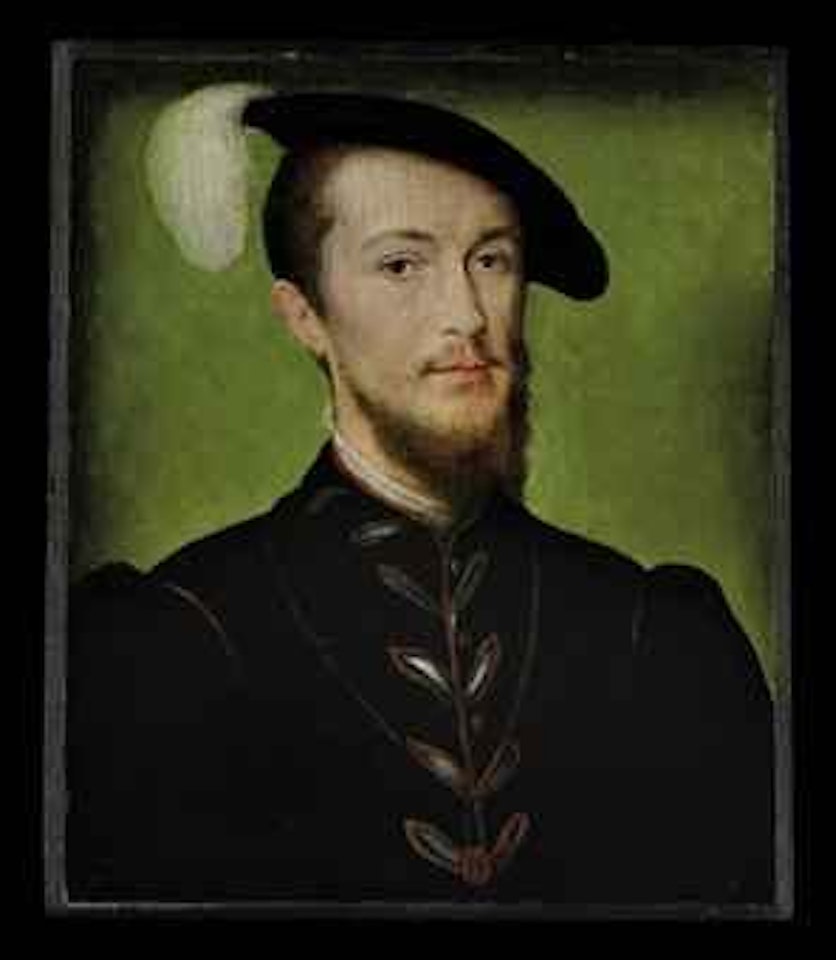 Portrait of the duc d'Étampes, bust-length, in a black tunic with a gold chain, white collar and plumbed black hat by Corneille de Lyon